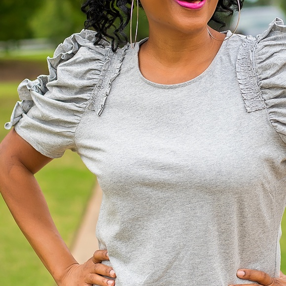 Gray Ruffle Shoulder Casual Top - Picture 2 of 3